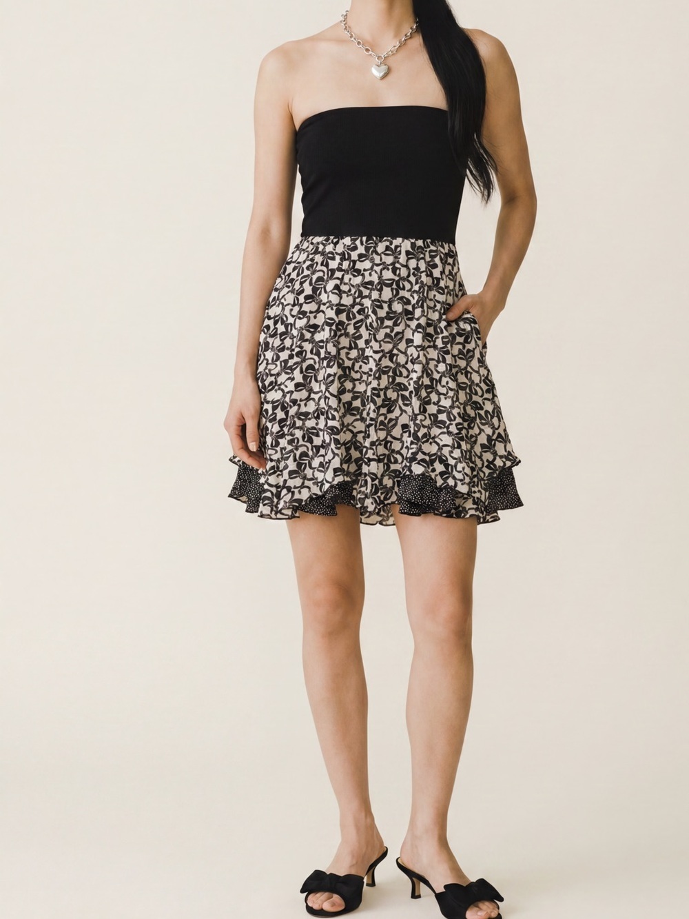 Cabi coquette Bow Print polkadot reversible swing skirt Feminine Strapless dress